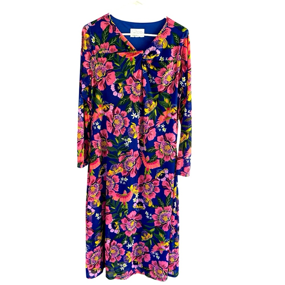QVC 365 Floral Blue and Pink Dress Sheer Overlay Tropical Resort Sz MP EUC